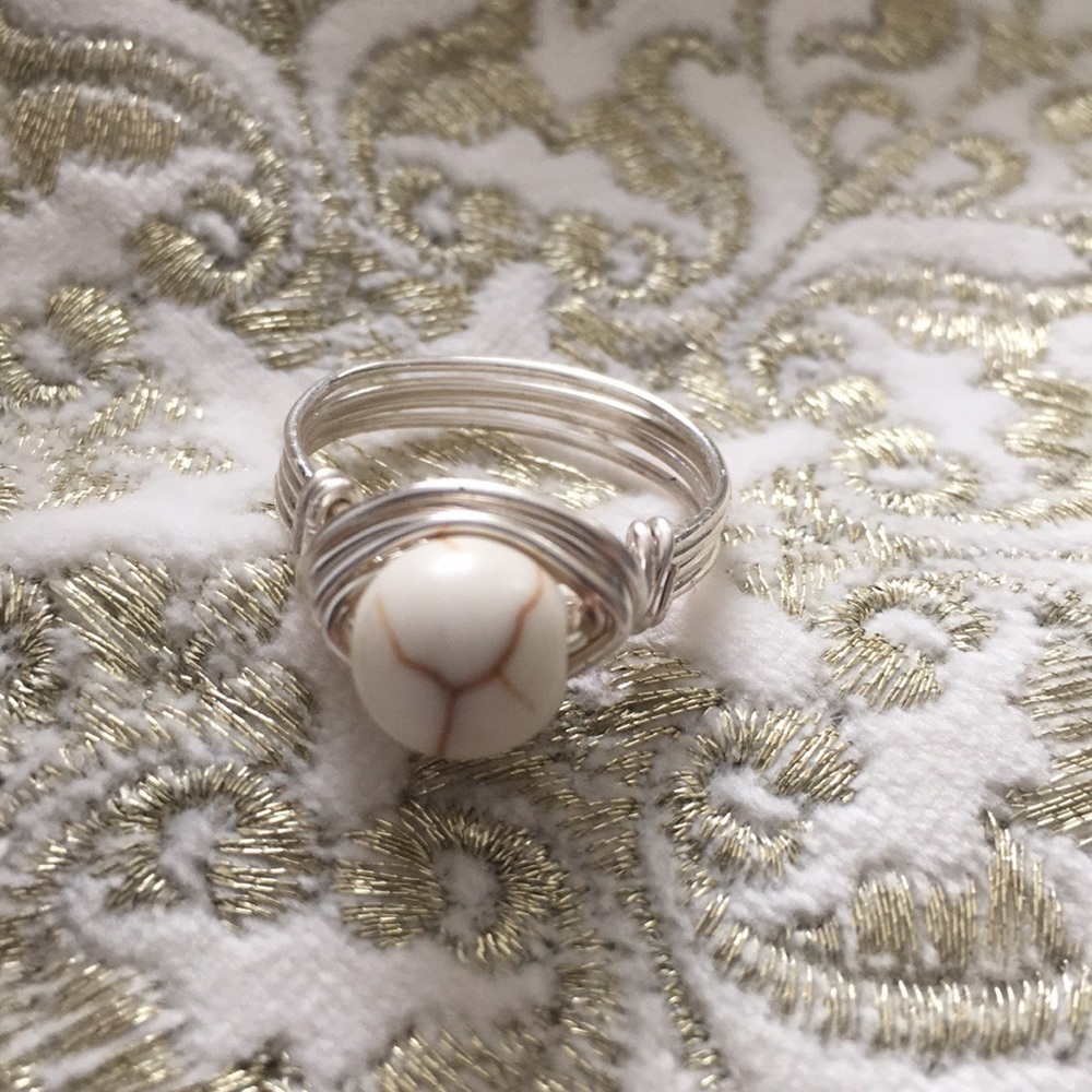Natural White Magnesite wire wrapped ring.